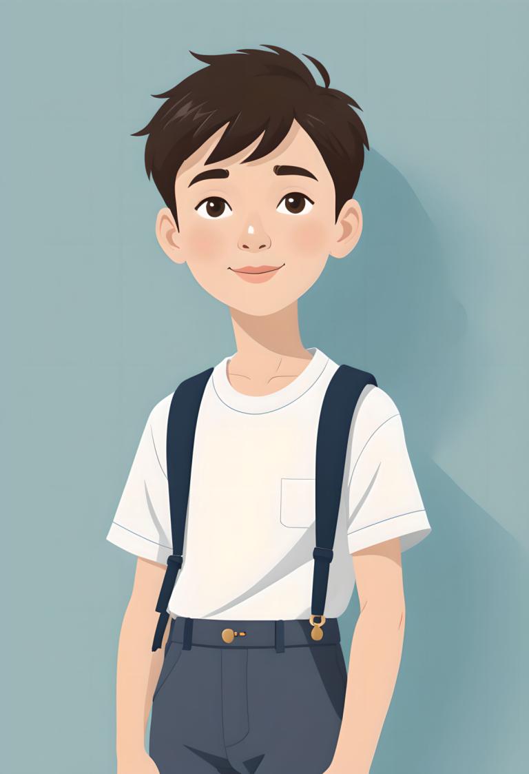 Illustration,Illustration, People, boy, 1boy, male focus, solo, brown eyes, shirt, suspenders, brown hair