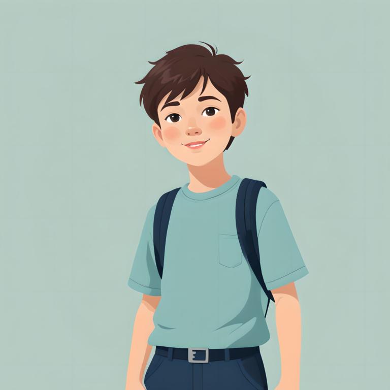 Remove Background, Illustration, People, boy, solo, brown hair, shirt, 1boy, male focus, smile, backpack, blue shirt, simple background, pants, belt, brown eyes, short sleeves, bag, looking at viewer, cowboy shot, parted lips, blush, short hair, green background, blue background