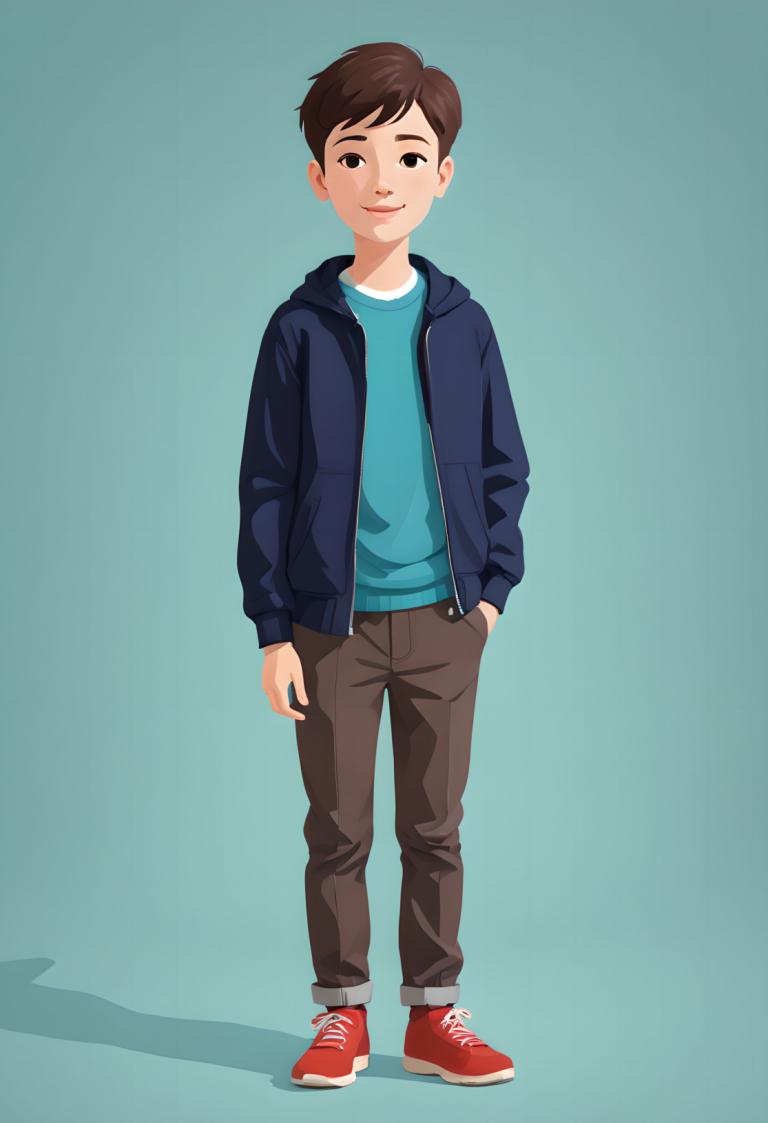 Háttér eltávolítása, Illustration, People, boy, 1boy, solo, male focus, brown hair, shoes, smile, pants, brown eyes, red footwear, shadow, hood, full body, brown pants, shirt, blue background, jacket, standing, simple background, blue shirt, hand in pocket, looking at viewer, hoodie, aqua background, sneakers, hood down