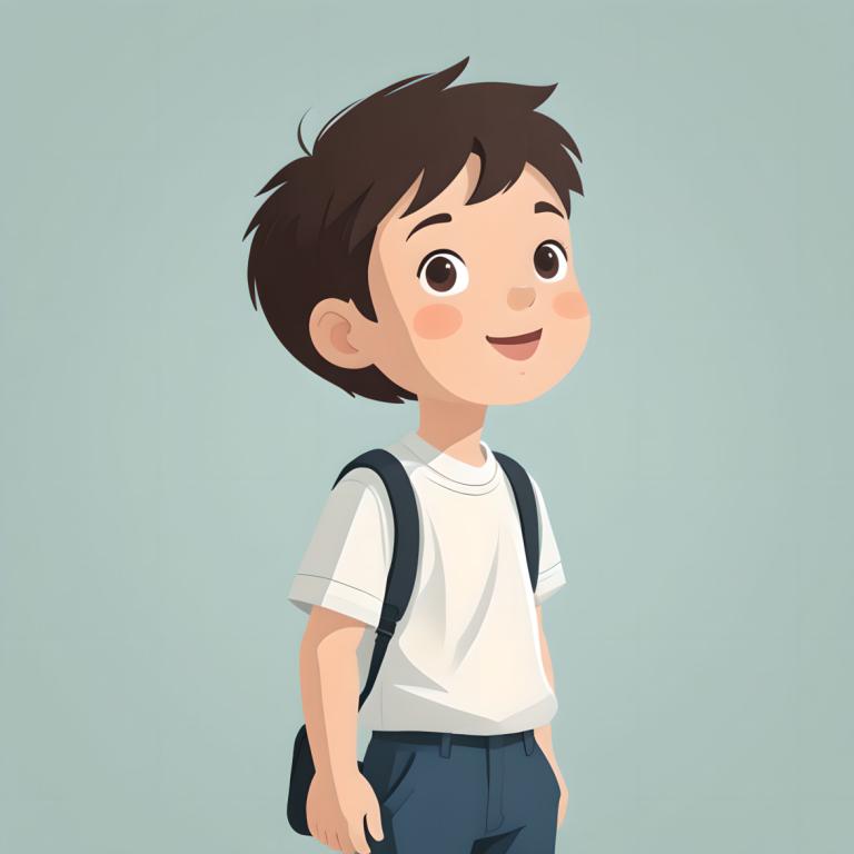 Háttér eltávolítása, Illustration, People, boy, 1boy, solo, male focus, brown hair, backpack, bag, shirt, brown eyes, smile, blush stickers, simple background, open mouth, pants, white shirt, looking at viewer, cowboy shot, male child, short sleeves, blue background