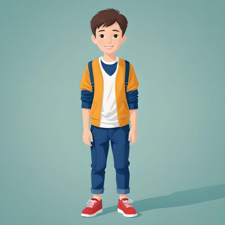 Illustration,Illustration, People, boy, 1boy, brown hair, solo, male focus, smile, brown eyes, red footwear