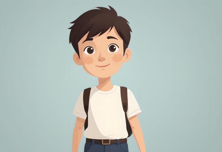 Remove Background, Illustration, People, boy, 1boy, solo, male focus, backpack, smile, shirt, blush stickers, simple background, bag, brown hair, looking at viewer, belt, pants, blue background, t-shirt, jeans, denim, black hair, black eyes, brown eyes, child