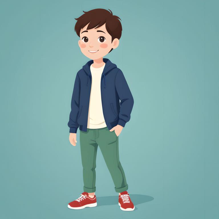 Illustration,Illustration, People, boy, 1boy, male focus, brown hair, solo, smile, hand in pocket