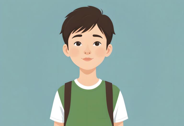 Illustration,Illustration, People, boy, solo, 1boy, male focus, simple background, shirt, backpack, smile