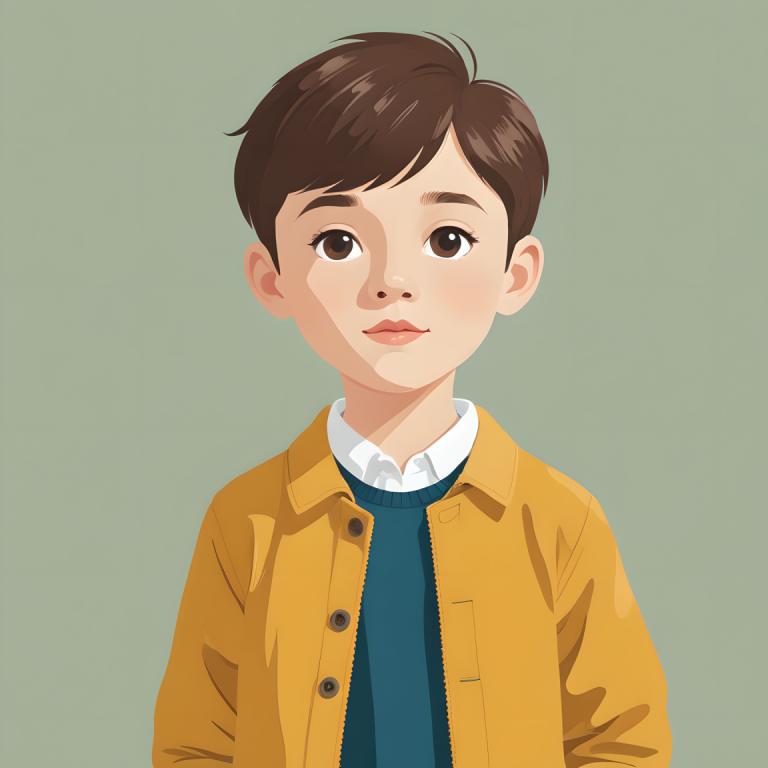 Illustration,Illustration, People, boy, solo, brown hair, brown eyes, simple background, shirt, short hair