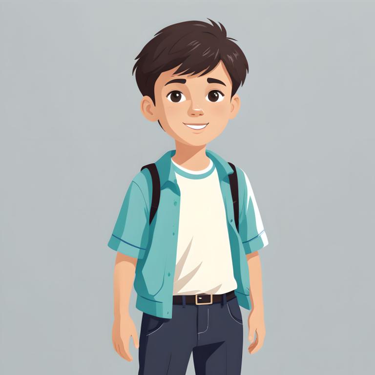 Illustration,Illustration, People, boy, 1boy, male focus, smile, solo, brown eyes, brown hair, backpack, bag