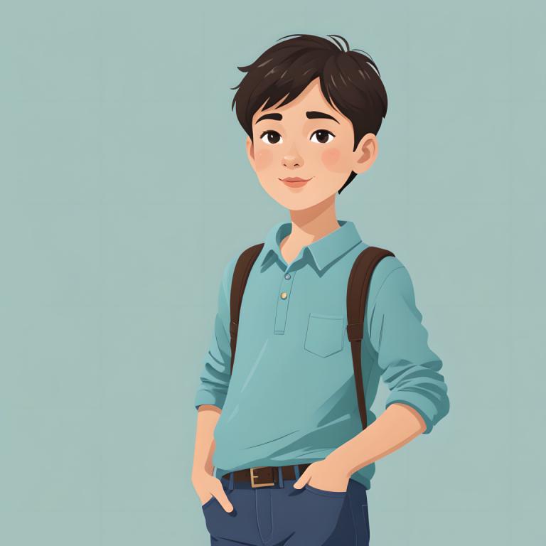 Illustration,Illustration, People, boy, solo, shirt, 1boy, male focus, pants, belt, blue shirt