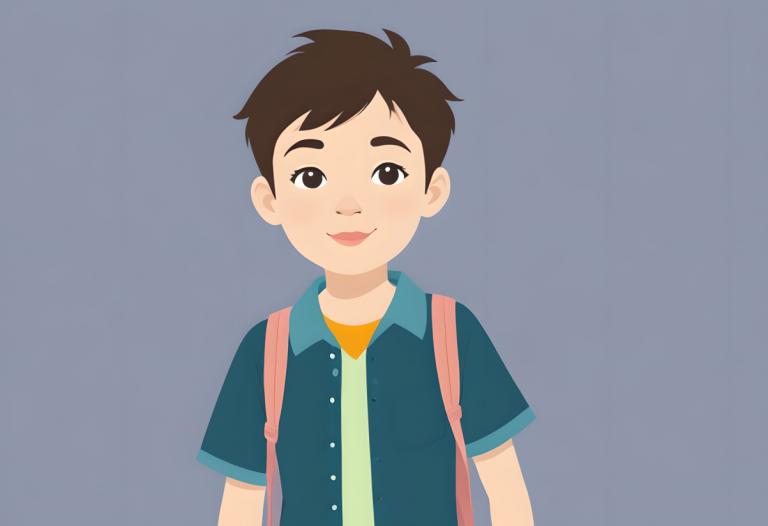 Illustration,Illustration, People, boy, solo, 1boy, shirt, male focus, simple background, backpack, smile