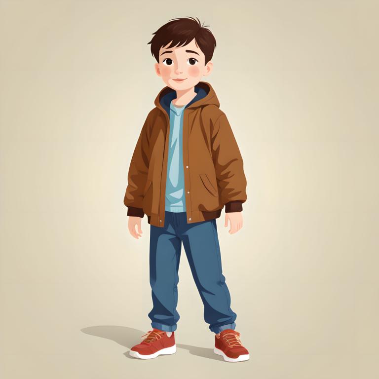 Illustration,Illustration, People, boy, 1boy, male focus, solo, brown hair, hood, shoes, pants, jacket