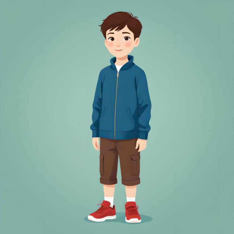 イラスト,イラスト, 人物, 少年, 男の子1名, 男性の焦点, 茶髪, ソロ, ショートパンツ, 靴, 赤い靴, 茶色の目, 茶色のショートパンツ, ジャケット, 白い靴下, 全身, 立っている, 視聴者を見ている