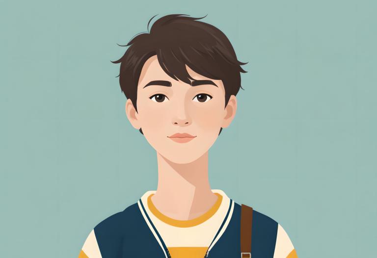 イラスト,イラスト, 人物, 少年, ソロ, 男の子1名, 男性の焦点, シンプルな背景, シャツ, 茶髪, 水色の背景, 視聴者を見ている, 茶色の目, ストライプのシャツ, 縞模様の, 緑の背景, 青い背景