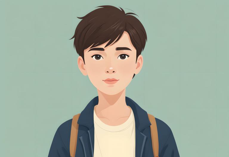 Illustration,Illustration, People, boy, solo, brown hair, looking at viewer, shirt, simple background