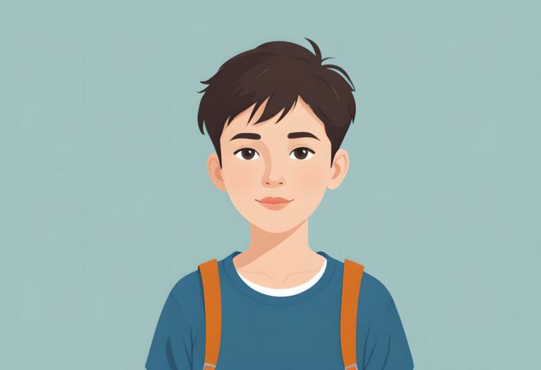 イラスト,イラスト, 人物, 少年, ソロ, 男の子1名, 男性の焦点, 青いシャツ, 茶色の目, シャツ, シンプルな背景, 視聴者を見ている, 笑顔, 茶髪, 上半身, バックパック, 青い背景, 水色の背景