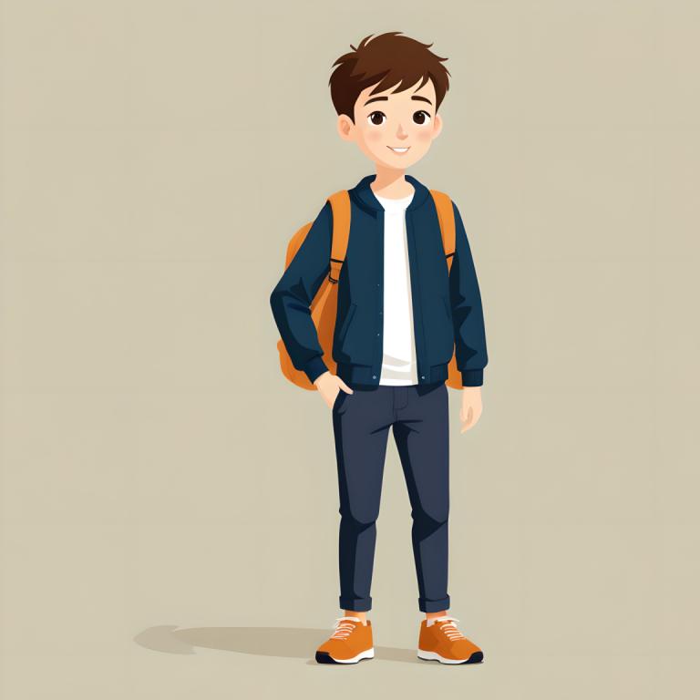 Illustration,Illustration, People, boy, 1boy, male focus, brown hair, solo, backpack, bag, brown eyes