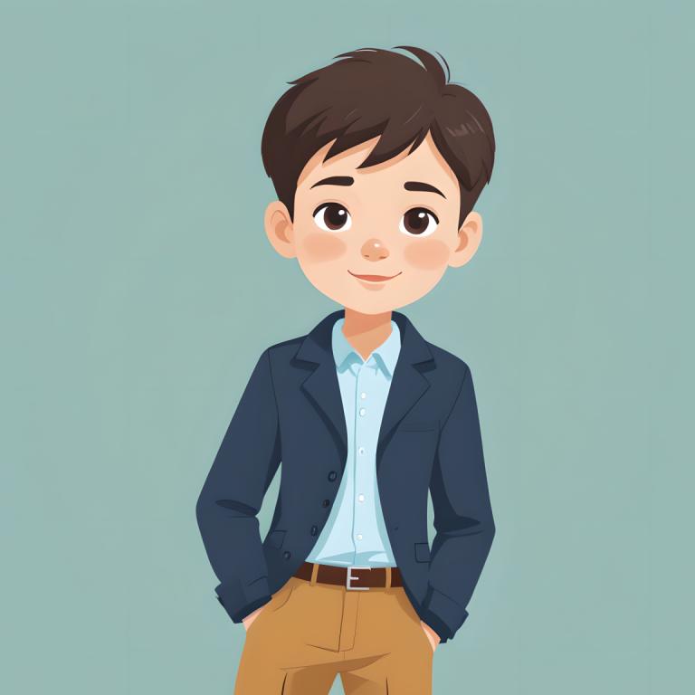 Illustration,Illustration, People, boy, 1boy, male focus, solo, brown hair, belt, smile, hands in pockets