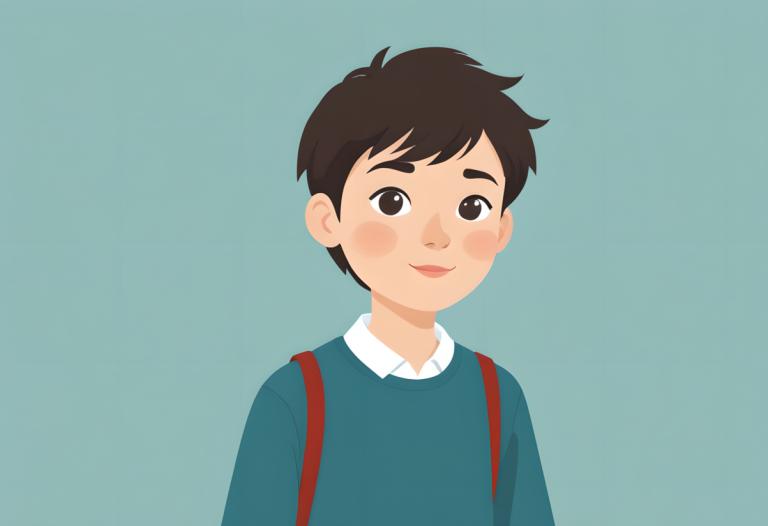 イラスト,イラスト, 人物, 少年, ソロ, 男の子1名, 男性の焦点, シンプルな背景, シャツ, 笑顔, 上半身, 襟付きのシャツ, バックパック, 視聴者を見ている, 水色の背景, バッグ, 青いシャツ, 黒髪