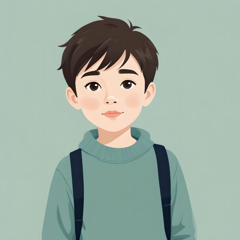 Illustration,Illustration, People, boy, solo, brown hair, backpack, simple background, brown eyes, sweater