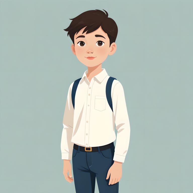 Illustration,Illustration, People, boy, 1boy, solo, brown eyes, male focus, shirt, brown hair, pants