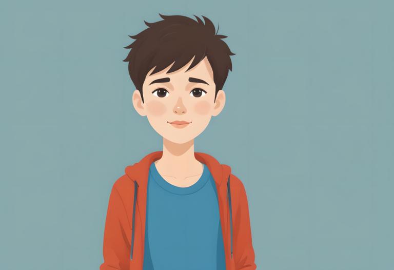 Illustration,Illustration, People, boy, 1boy, male focus, solo, blue shirt, shirt, simple background, hood