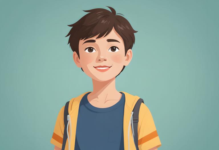 Illustration,Illustration, People, boy, 1boy, male focus, solo, brown hair, smile, backpack, shirt