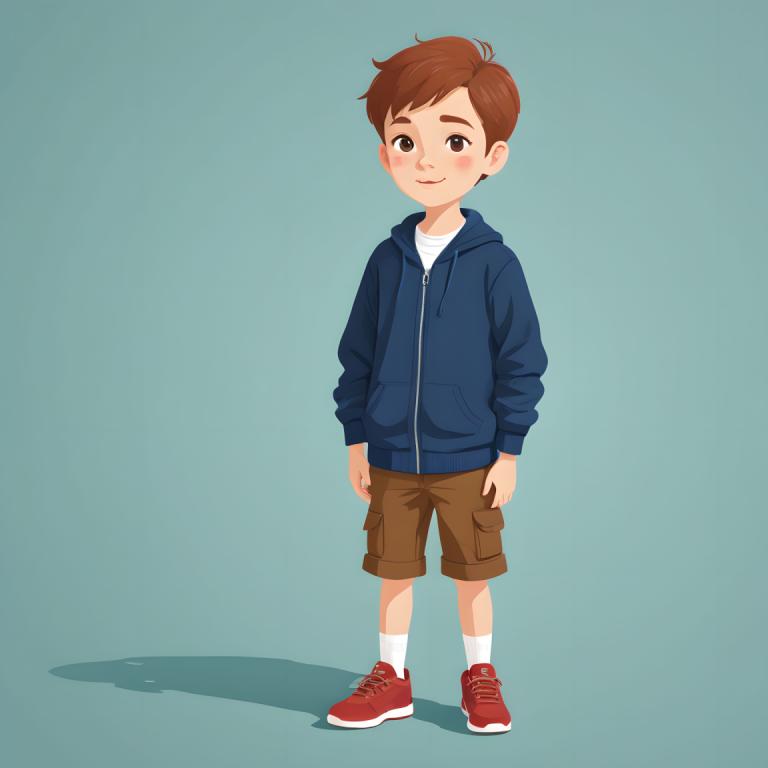 Illustration,Illustration, People, boy, 1boy, male focus, brown hair, shorts, solo, brown eyes, shoes