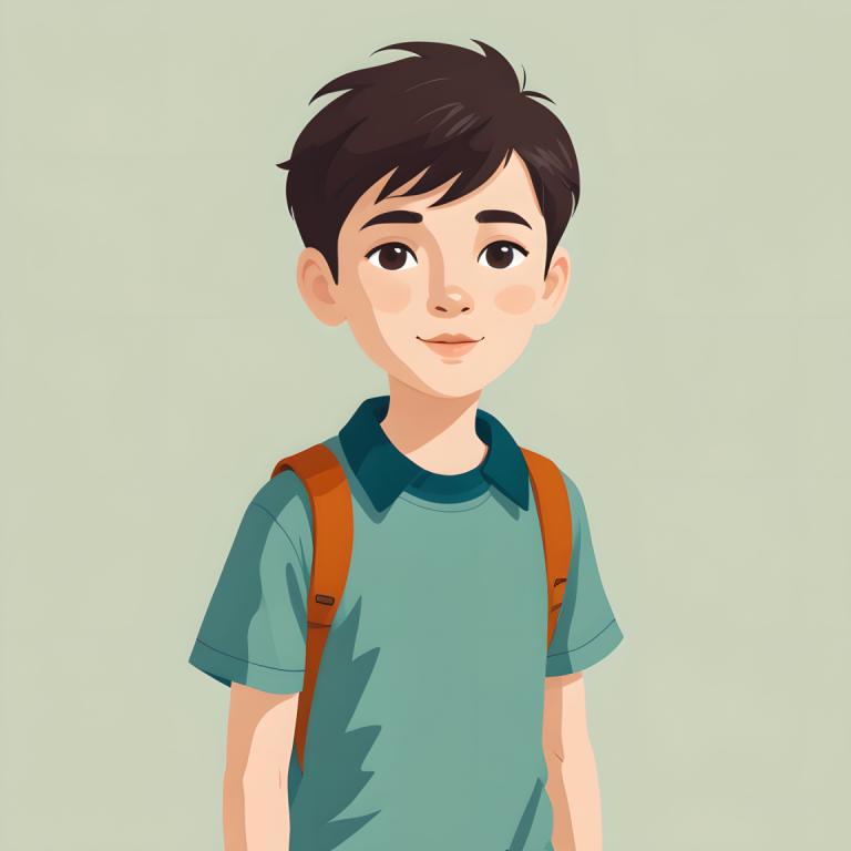 Remove Background, Illustration, People, boy, 1boy, solo, male focus, shirt, backpack, simple background, blue shirt, looking at viewer, brown eyes, smile, upper body, bag, brown hair, short sleeves, green background, green shirt, collared shirt, blush stickers, male child, child