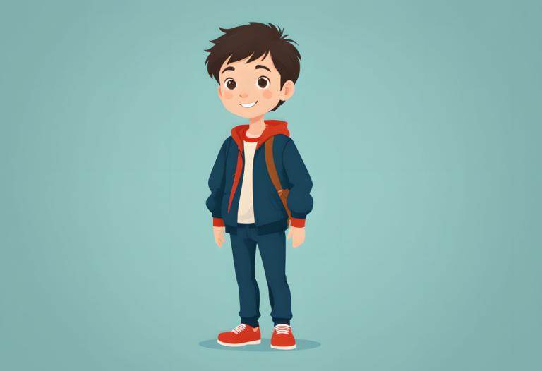 Illustration,Illustration, People, boy, 1boy, male focus, smile, brown eyes, solo, brown hair, bag, jacket