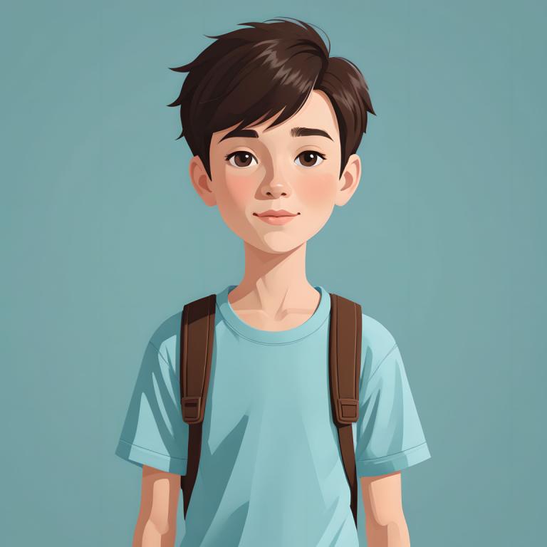 Illustration,Illustration, People, boy, solo, shirt, brown hair, brown eyes, backpack, blue shirt