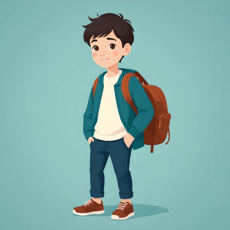 Illustration,Illustration, People, boy, 1boy, backpack, male focus, solo, bag, hands in pockets, smile