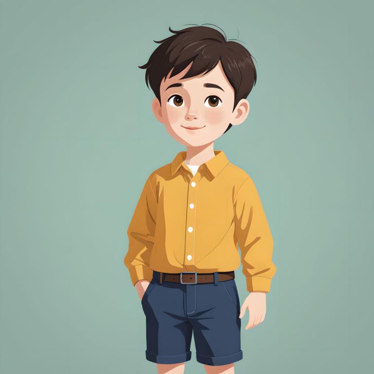 Illustration,Illustration, People, boy, 1boy, solo, shorts, male focus, brown eyes, belt, brown hair, smile