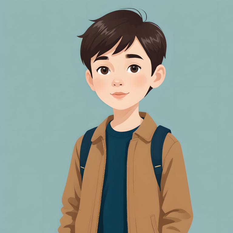 イラスト,イラスト, 人物, 少年, 男の子1名, 男性の焦点, 茶色の目, ソロ, バックパック, 茶髪, ジャケット, 笑顔, 上半身, バッグ, シンプルな背景, 視聴者を見ている, 青い背景, 茶色のジャケット