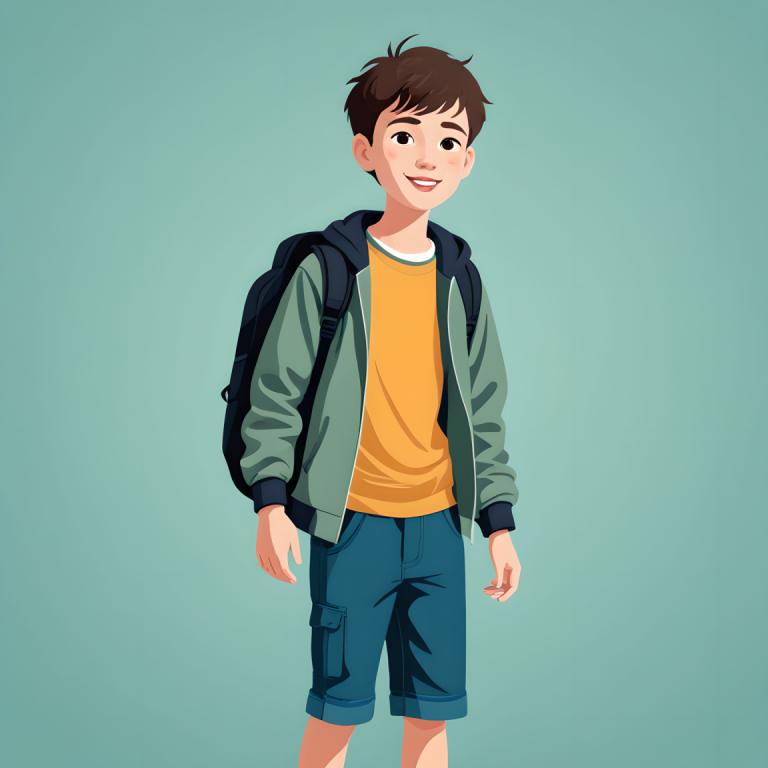 イラスト,イラスト, 人物, 少年, ソロ, 男の子1名, バックパック, ショートパンツ, 男性の焦点, 茶髪, 笑顔, シャツ, ジャケット, バッグ, 青いショートパンツ, 視聴者を見ている, シンプルな背景