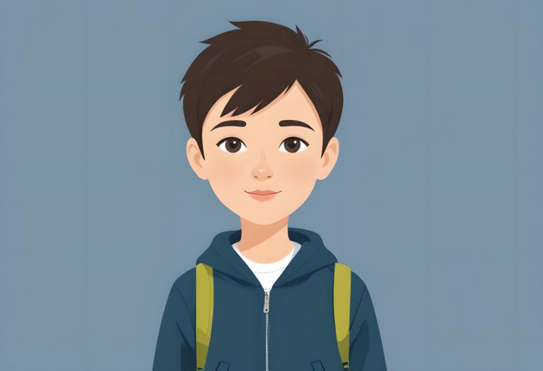 イラスト,イラスト, 人物, 少年, 男の子1名, ソロ, 男性の焦点, 茶色の目, シンプルな背景, 茶髪, 青い背景, フード, 笑顔, 視聴者を見ている, バックパック, 上半身, パーカー, バッグ, 唇