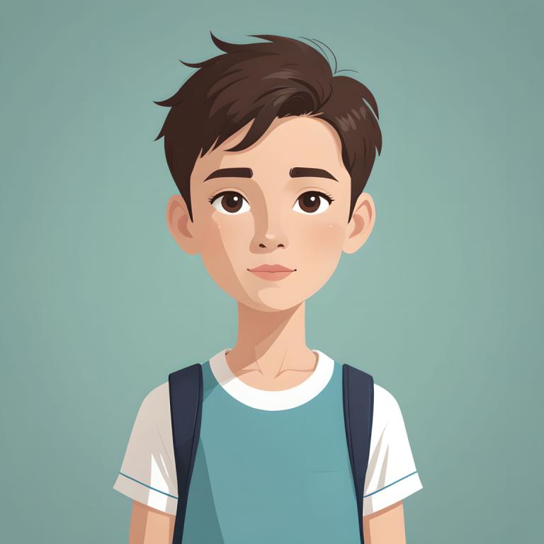 Illustration,Illustration, People, boy, solo, brown hair, brown eyes, backpack, shirt, 1boy, male focus