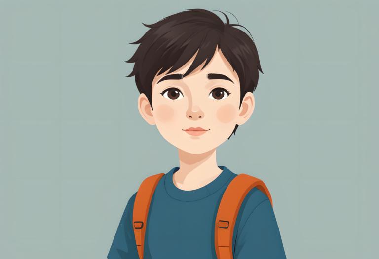 イラスト,イラスト, 人物, 少年, ソロ, 男の子1名, 男性の焦点, バックパック, 茶色の目, シンプルな背景, 青いシャツ, 上半身, 視聴者を見ている, シャツ, バッグ, 黒髪, 茶髪, 男の子供, 唇