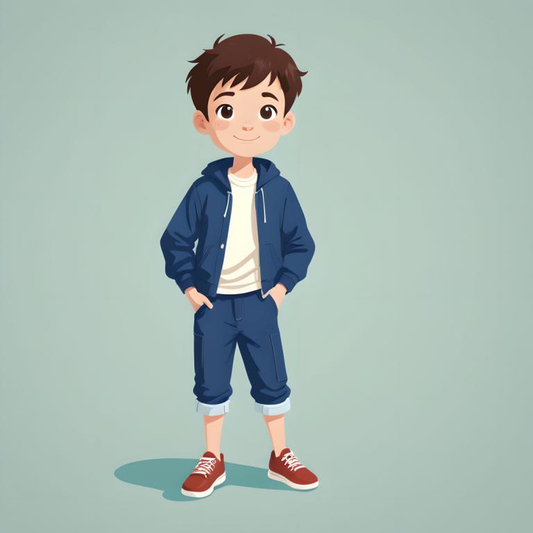 イラスト,イラスト, 人物, 少年, 男の子1名, 男性の焦点, 茶髪, ソロ, 茶色の目, ポケットに手を入れる, 笑顔, 男の子供, パンツ, フード, 靴, シンプルな背景, 全身, 赤い靴, 視聴者を見ている