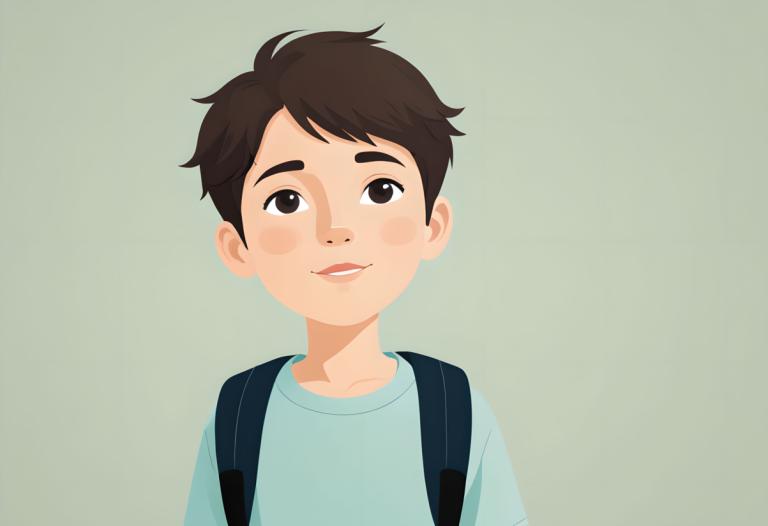 Remove Background, Illustration, People, boy, 1boy, solo, male focus, backpack, shirt, brown hair, simple background, blue shirt, brown eyes, bag, upper body, parted lips, smile, green background, blush stickers, child, male child