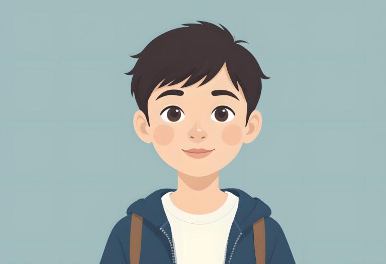 Illustration,Illustration, People, boy, 1boy, male focus, solo, black hair, hood, smile, simple background