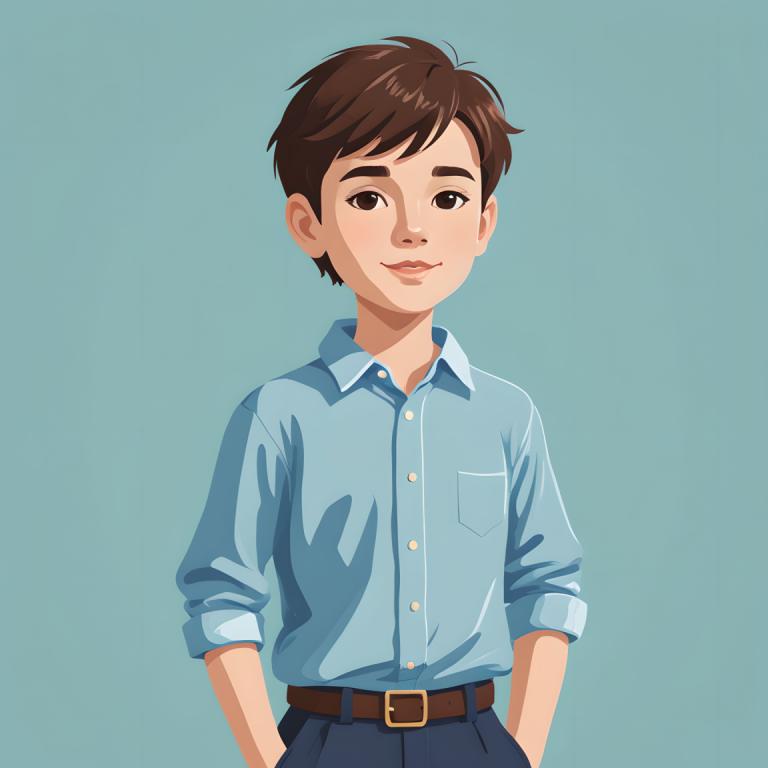 Remove Background, Illustration, People, boy, solo, brown hair, shirt, belt, brown eyes, short hair, blue shirt, pants, simple background, looking at viewer, collared shirt, smile, blue background, brown belt, shirt tucked in, green background, aqua background, male focus, cowboy shot, 1boy, 1girl, sleeves rolled up