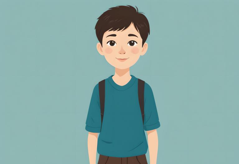 Illustration,Illustration, People, boy, 1boy, solo, male focus, shirt, blue shirt, smile, looking at viewer