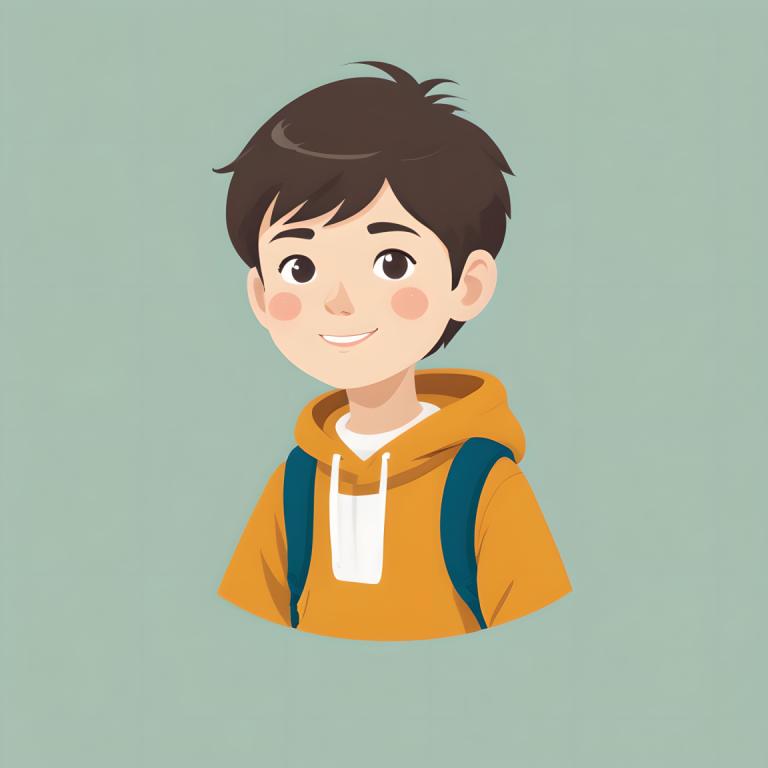 イラスト,イラスト, 人物, 少年, 男の子1名, ソロ, 男性の焦点, フード, 笑顔, パーカー, 茶髪, シンプルな背景, バックパック, 緑の背景, 上半身, 視聴者を見ている, 赤面ステッカー, 巾着