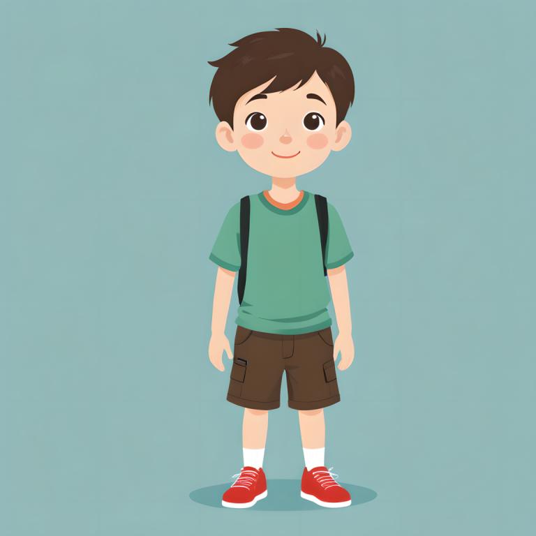 Illustration,Illustration, People, boy, 1boy, male focus, solo, shorts, shirt, backpack, smile, brown hair