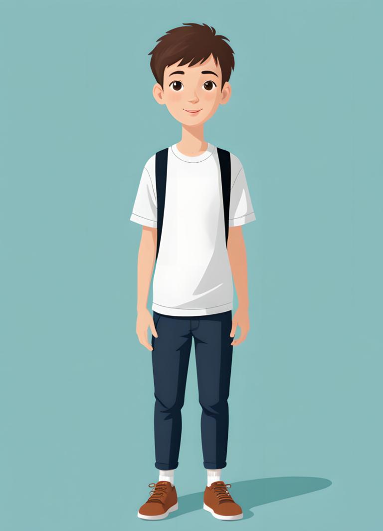 Illustration,Illustration, People, boy, 1boy, solo, brown hair, male focus, brown eyes, shirt, backpack