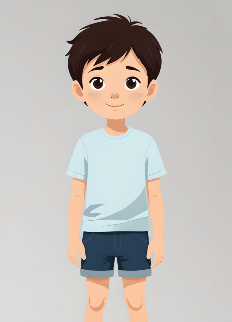 Illustration,Illustration, People, boy, 1boy, male focus, shorts, solo, brown eyes, smile, shirt, brown hair