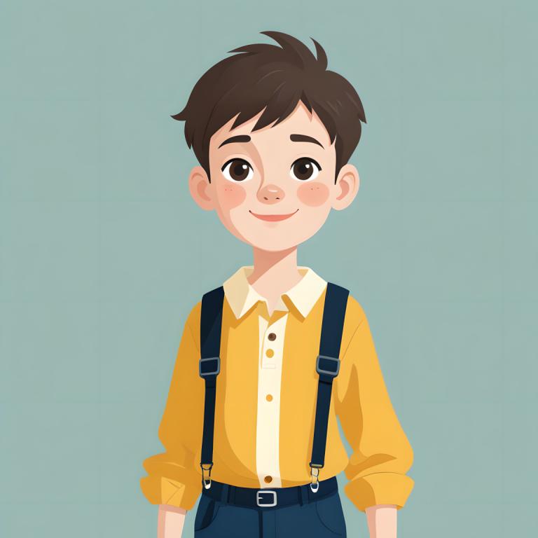 Illustration,Illustration, People, boy, solo, brown hair, 1boy, shirt, smile, suspenders, male focus