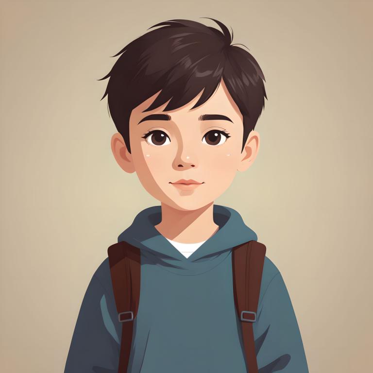 Illustration,Illustration, People, boy, solo, brown eyes, hood, looking at viewer, backpack