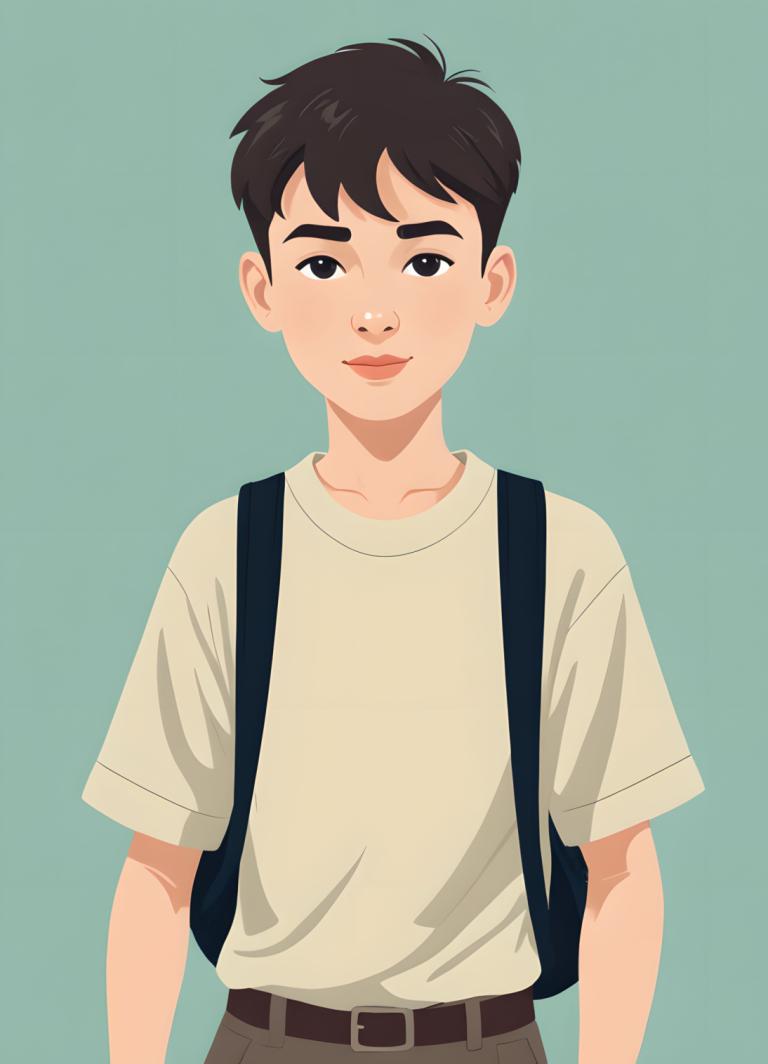 Illustration,Illustration, People, boy, solo, 1boy, male focus, shirt, looking at viewer, belt