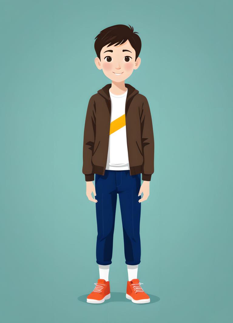 Illustration,Illustration, People, boy, 1boy, solo, male focus, smile, shoes, pants, red footwear, shirt