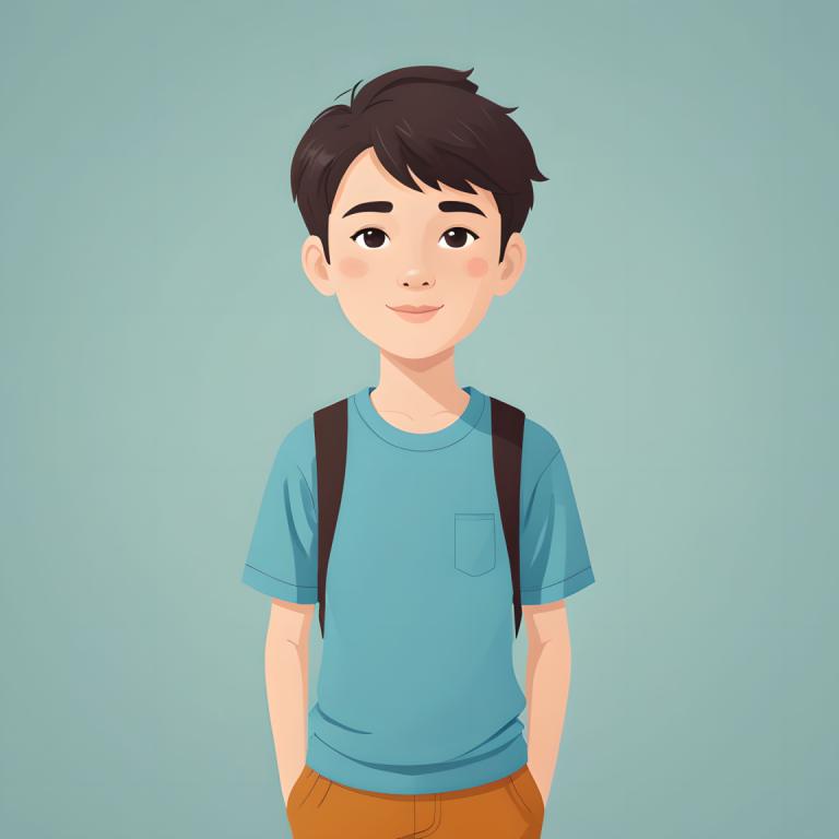 Illustration,Illustration, People, boy, solo, shirt, blue shirt, 1boy, male focus, backpack