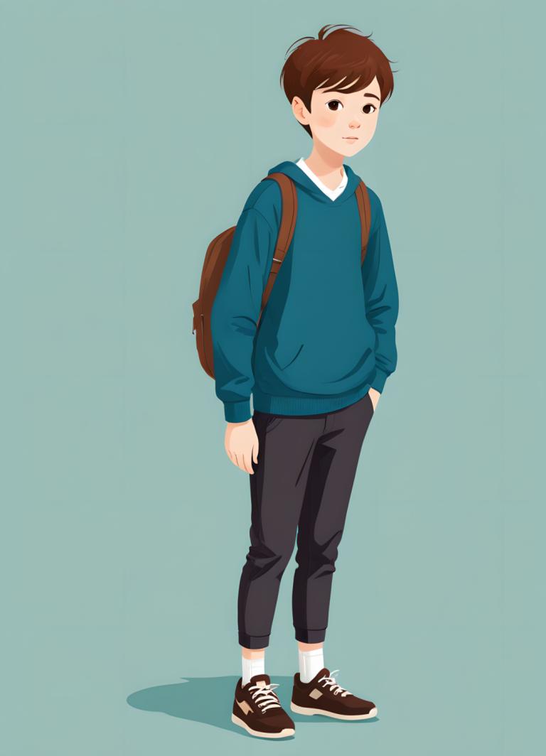 Illustration,Illustration, People, boy, solo, brown hair, 1boy, male focus, backpack, shoes, bag, white socks